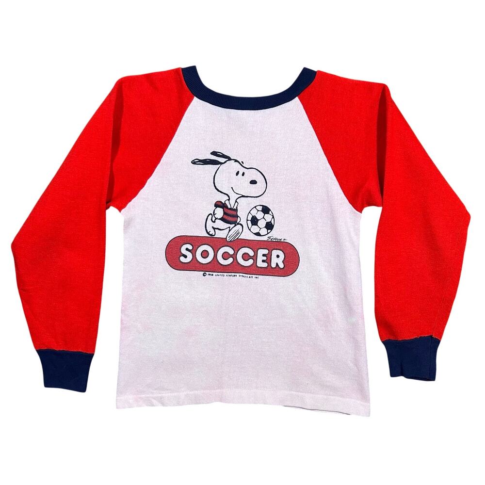 Vintage 70s Champion Snoopy Peanuts Soccer Sweatshirt Kids M 10-12 Blue Bar USA